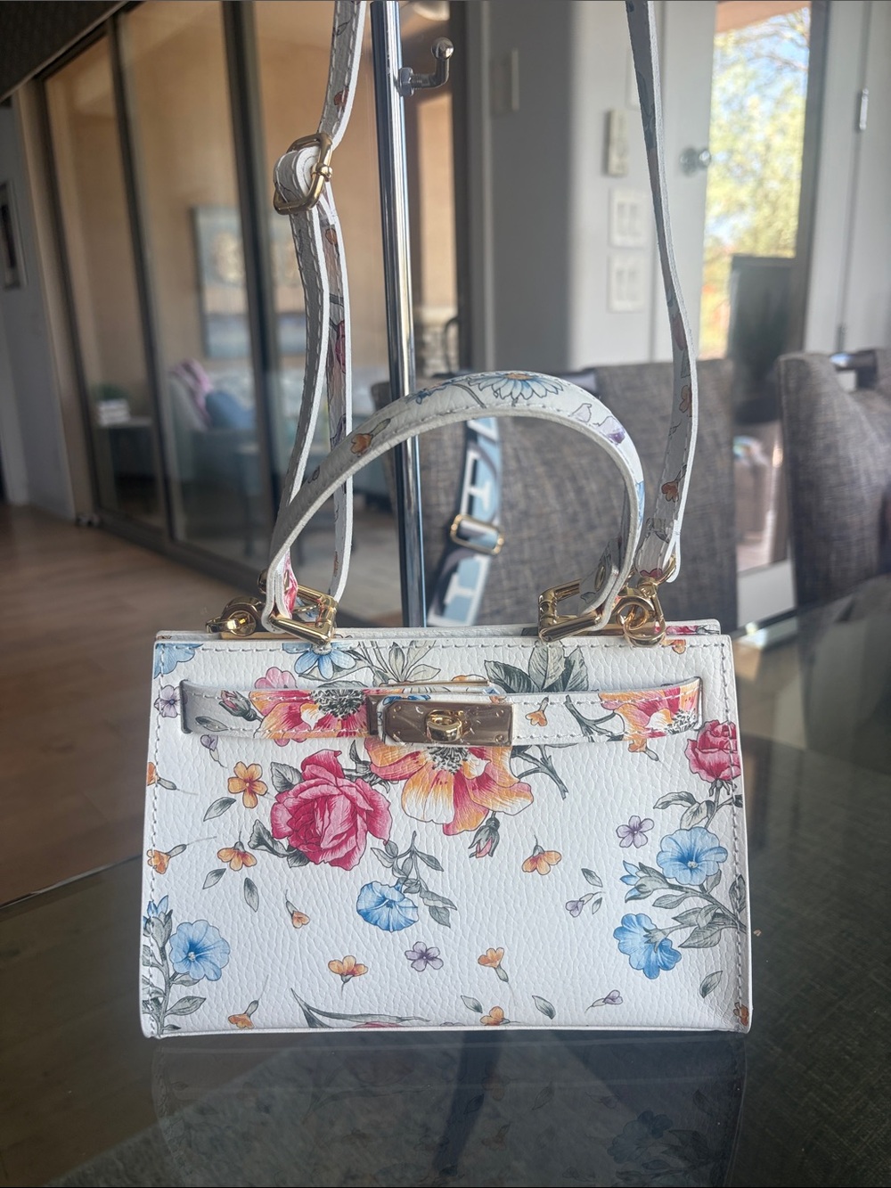Floral Print Top-Handle Crossbody Bag in White